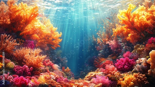 A fantastical coral reef in vibrant red, orange, and gold tones under a crystal-clear sea photo