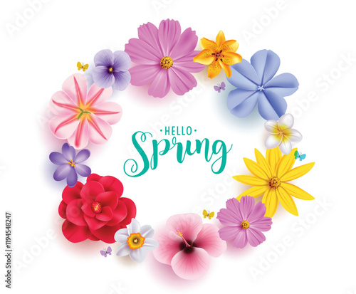 Spring flowers garland clipart design. Hello spring greeting text with colorful wreath flower like daisy, sunflower, chamomile and crocus beautiful bouquet clip art. Vector illustration season 