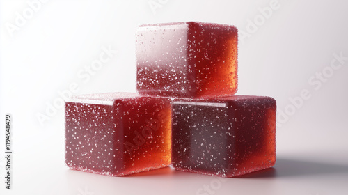 Three Vibrant Sugar-Coated Gummies in a Stacked Formation, Minimalist Design on White Background. photo