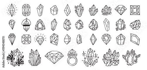Mystical crystals or diamonds isolated clipart bundle set. Magic crystals hand drawn, crystals doodle, line gem stones isolated items on white esoteric