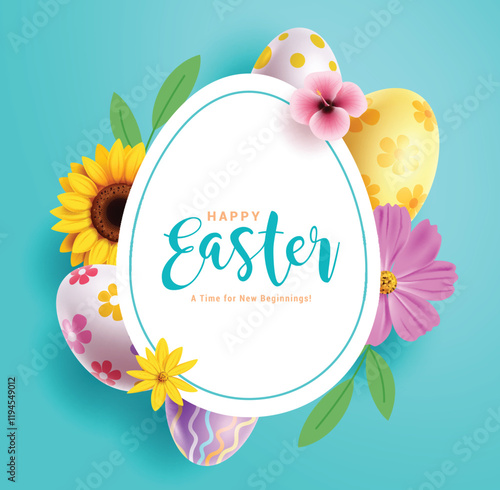 Happy easter greeting clipart template. Easter egg hunt clip art with daisy, sunflower, hibiscus flowers and egg shape frame for seasonal holiday background. Vector illustration greeting card template