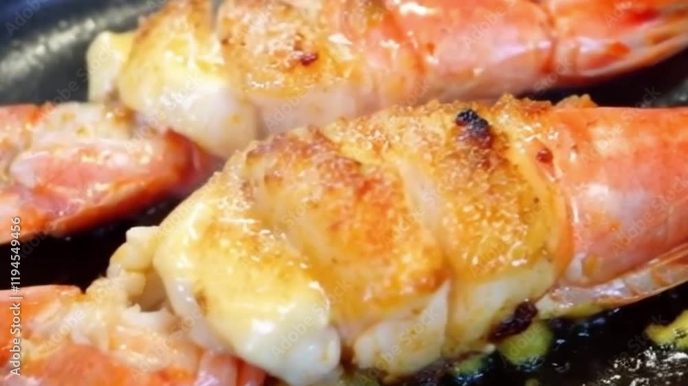 Zoom on buttered shrimp over coals steam rises or Savory atmosphere with visual richness captured Zoom on buttered shrimp over coals steam rises or Savory atmosphere with visual richness captured