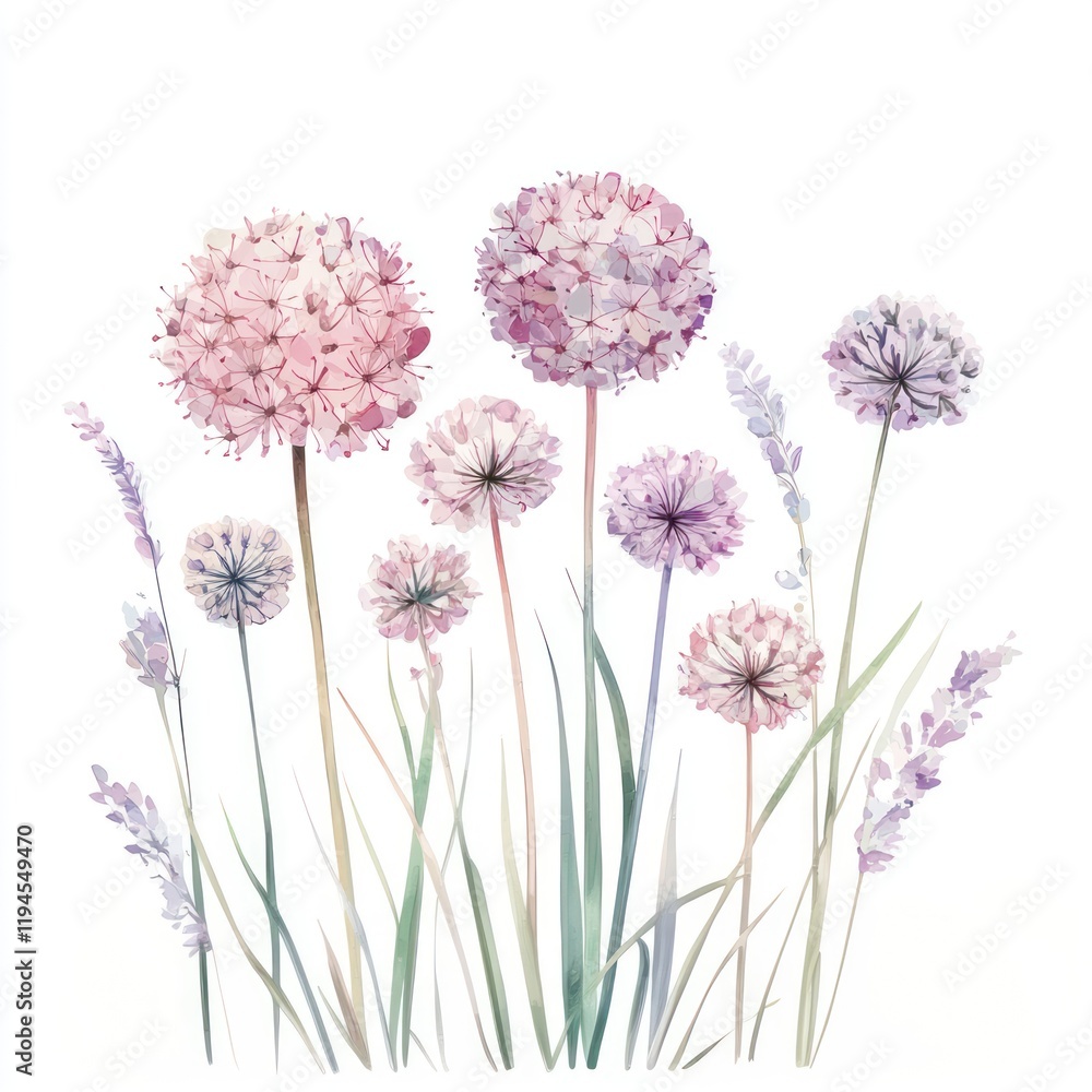 Obraz premium Aesthetic spring Allium flower flowers illustration watercolor.