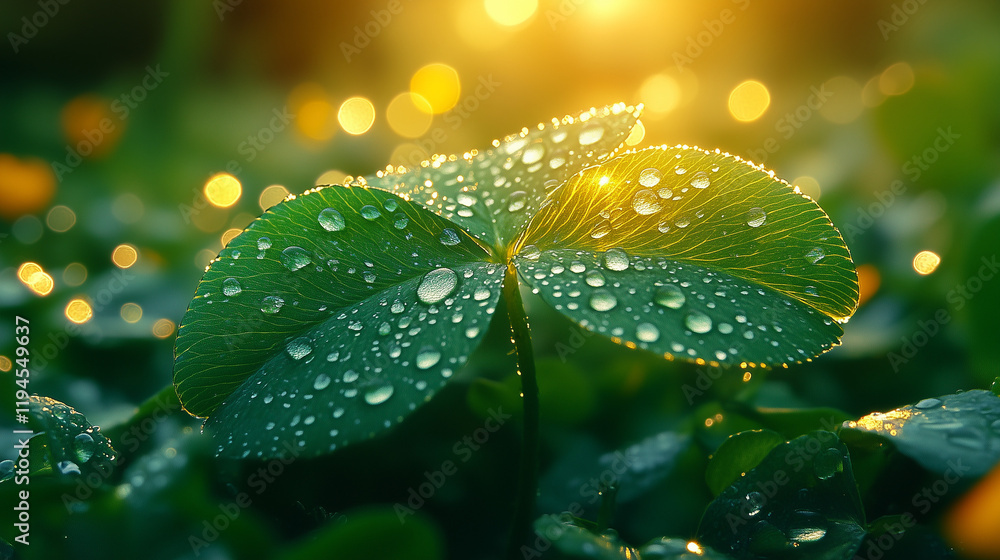 Vibrant green clover with dew drops bathed in golden sunlight, symbolizing luck and renewal in nature's embrace. Vibrant green clover with dew drops bathed in golden sunlight, symbolizing luck and renewal in nature's embrace.