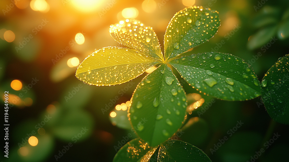 Vibrant green clover with dew drops bathed in golden sunlight, symbolizing luck and renewal in nature's embrace.