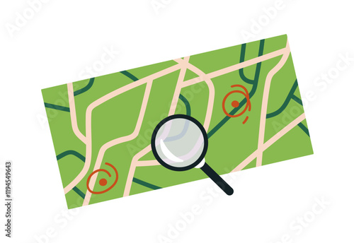 Navigating, look for way with magnifying glass on paper map in travel. Searching route to destination, location with magnifier in trip. Tourism. Flat isolated vector illustration on white background