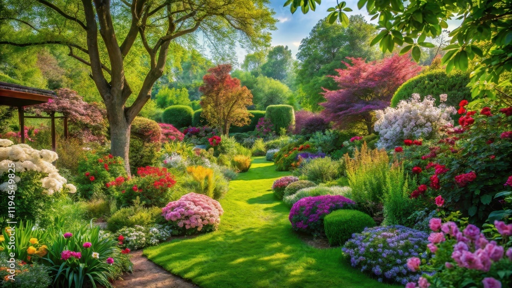 Fototapeta premium Garden of Blooming Delights, lush greenery, tranquil atmosphere, lush greenery