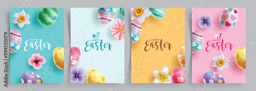 Happy easter clipart poster set. Easter egg greeting card with colorful eggs and flowers decoration clip art elements for holiday postcard template. Vector illustration kids hunt celebration. 
