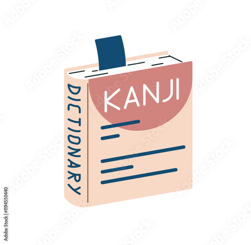 Paper book with bookmark for learning foreign language. Japanese dictionary, vocabulary. Textbook to study Chinese characters. Education icon. Flat isolated vector illustration on white background