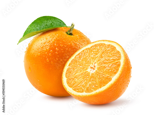 Fresh orange and cut in half with water droplets isolate on white background. Clipping path.