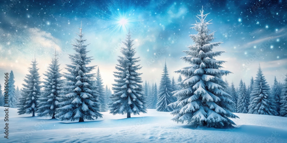 Fototapeta premium Frosty pine trees standing solitary in a serene winter wonderland with snowflakes gently falling around them, snowy woods, blanketing snow