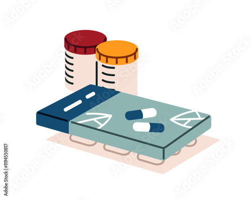 Blister of pills, plastic containers of remedy. Medical drug packs, painkiller cure tablets, aspirin. First aid pharmacy. Medicine, healthcare. Flat isolated vector illustration on white background