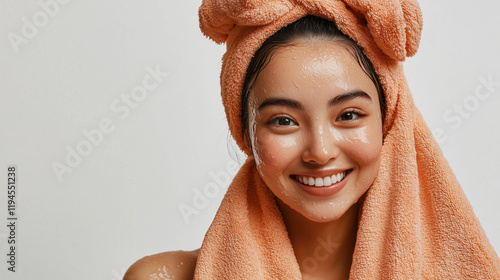 Korean Woman Smiling with Towel After Face Wash, Clean and Wet Face photo