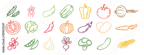 Vegetables icons chalk hand drawn doodle set. Drawing crayon vegetables 
