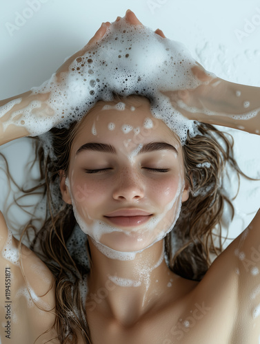 Top View of Woman Washing Hair, Smiling, and Covered in Foam photo