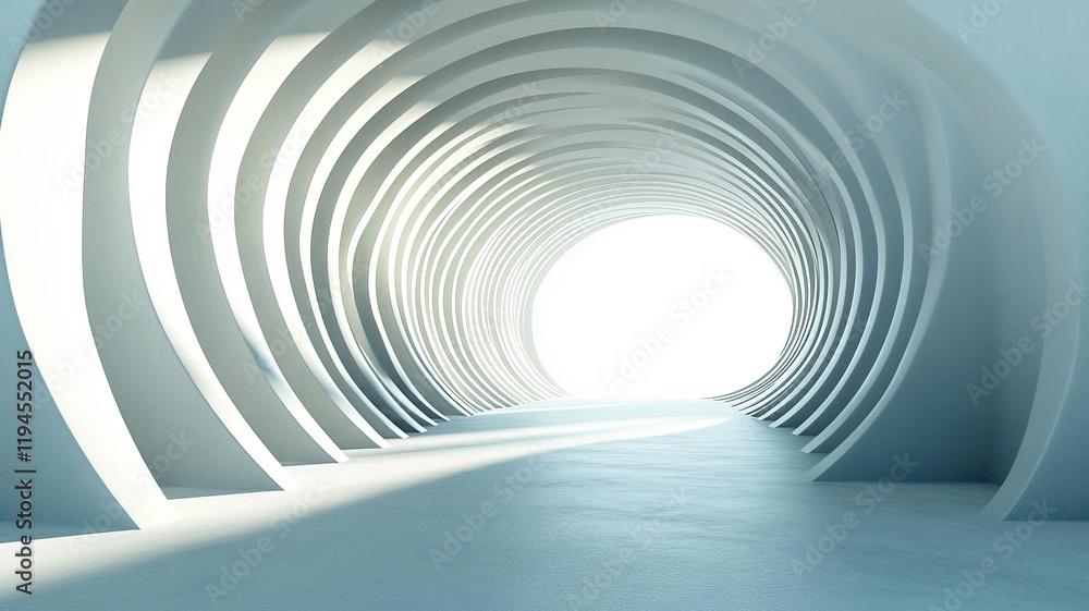 Naklejka premium Circular tunnel, bright exit, abstract architecture, 3D render, design