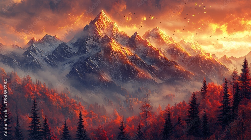 Naklejka premium A glowing mountain range with golden peaks and vibrant crimson forests below