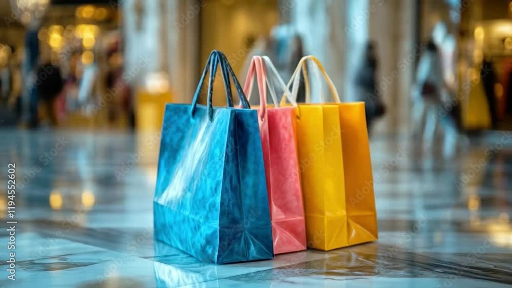 Vibrant shopping bags in blue, pink, and yellow sit on a polished surface in a busy retail area. Shoppers stroll in the background, creating a lively atmosphere filled with consumer activity. Vibrant shopping bags in blue, pink, and yellow sit on a polished surface in a busy retail area. Shoppers stroll in the background, creating a lively atmosphere filled with consumer activity.