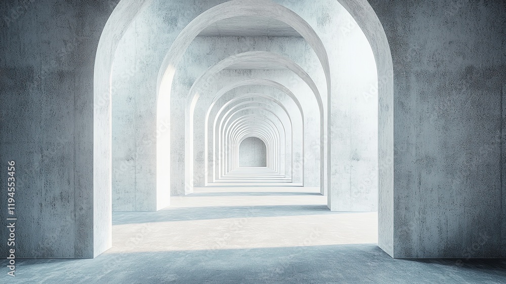 Fototapeta premium Concrete archway hallway, sunlit, perspective, design