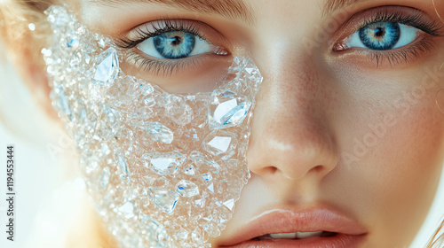 Transparent Crystal Facial Mask on Model's Face, Detailed Skin Texture, Light Background photo