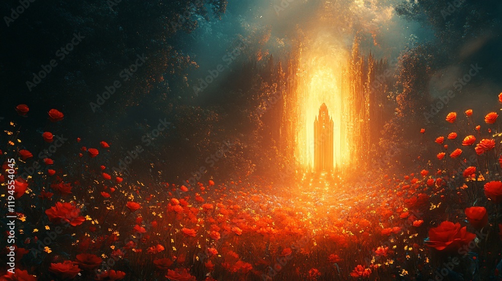 A glowing temple surrounded by a surreal forest of golden and red flowers A glowing temple surrounded by a surreal forest of golden and red flowers