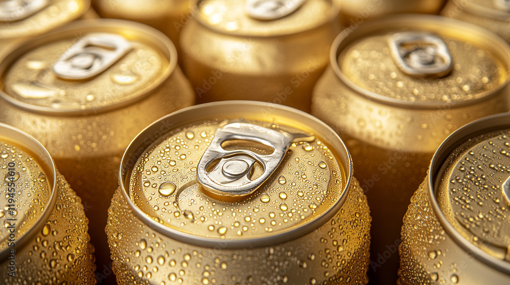 Metal cans with water drops, gold colored container for soda or energy drink, lemonade or beer. Isolated golden empty mockup with cold condensation for brand design template realistic 3d vector set Metal cans with water drops, gold colored container for soda or energy drink, lemonade or beer. Isolated golden empty mockup with cold condensation for brand design template realistic 3d vector set