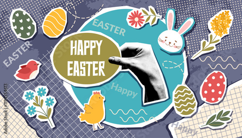 Easter collage banner with human hand photo and Easter objects - bunny, chicken, eggs, flowers in pop art style. Easter trendy background.