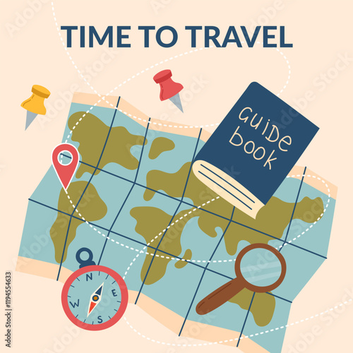 Travel poster with travel objects. Concept of travel, summer, vacation, business trip. Vector hand drawn card in flat style.