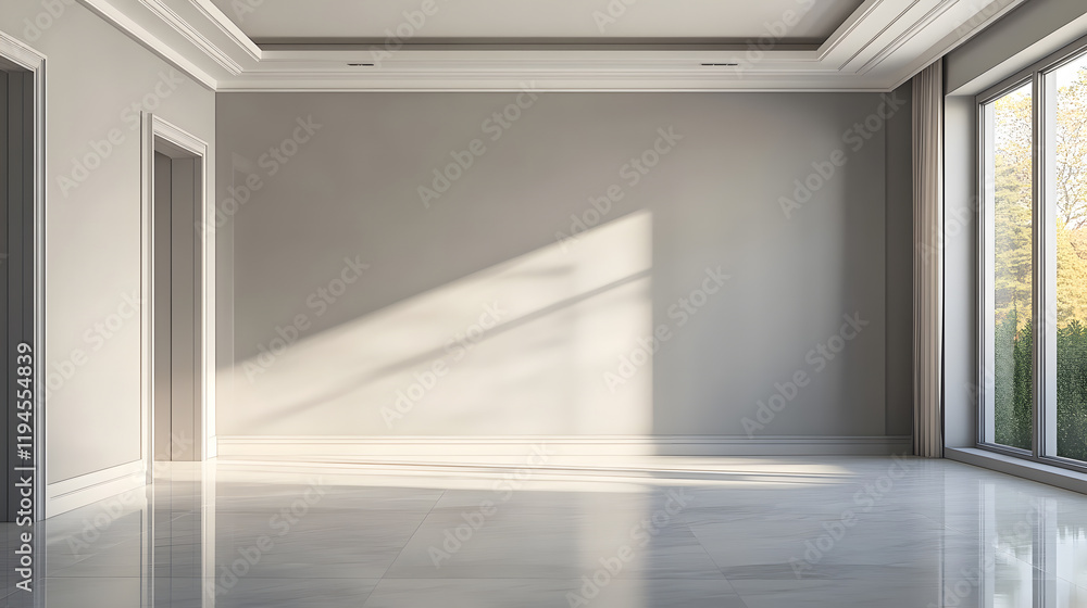 Fototapeta premium Bright, empty room with large windows allowing ample natural light.