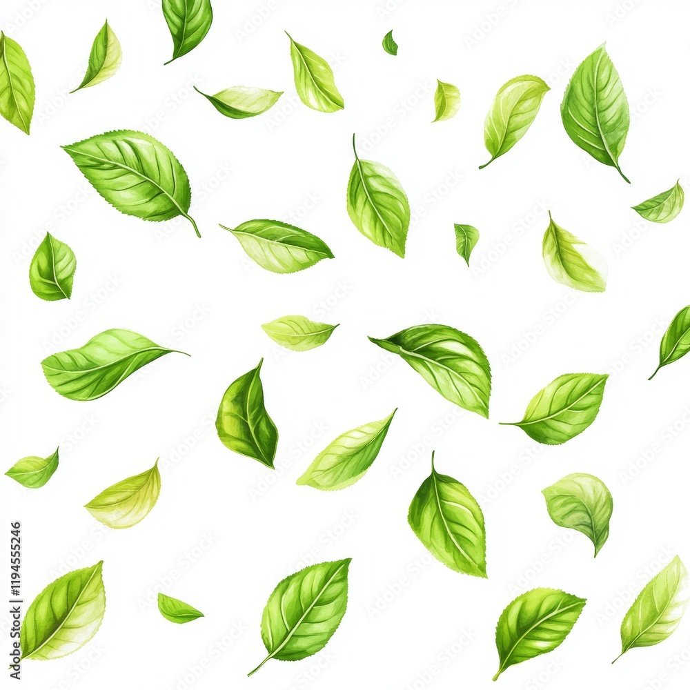 Modern Clean Illustration of Floating Matcha Leaves on White Background Modern Clean Illustration of Floating Matcha Leaves on White Background