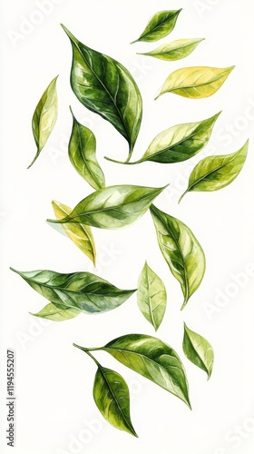 Botanical Illustration of Floating Green Leaves on a Light Background