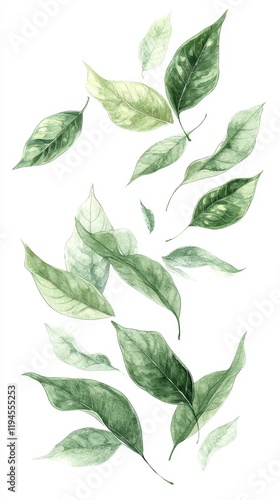 Floating Botanical Illustration of Delicate Green Leaves