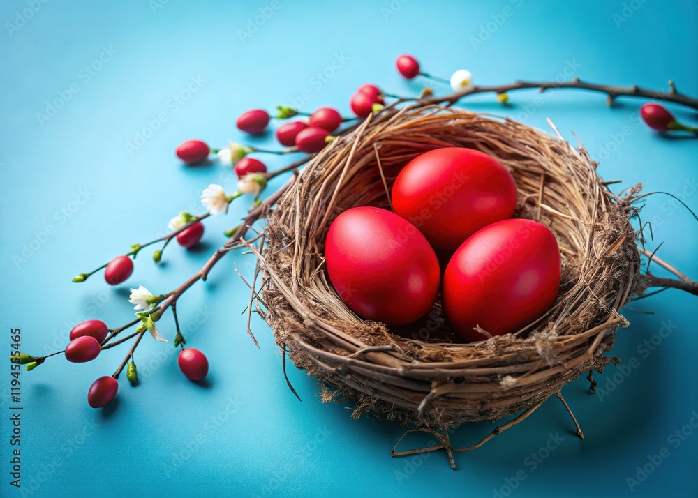 Red Easter Eggs Nest Blue Background Minimalist Spring Holiday Decoration Red Easter Eggs Nest Blue Background Minimalist Spring Holiday Decoration
