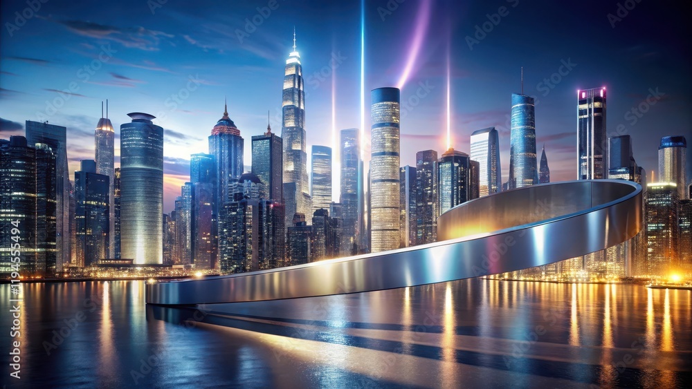 Fototapeta premium A sleek, metallic tape is stretched across a futuristic cityscape at dusk, with towering skyscrapers and neon lights in the background , cityscape, coming soon
