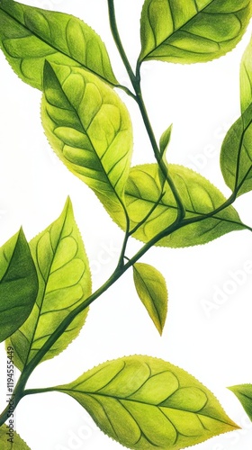 Botanical Illustration of Green Tea Leaves in Close-Up View