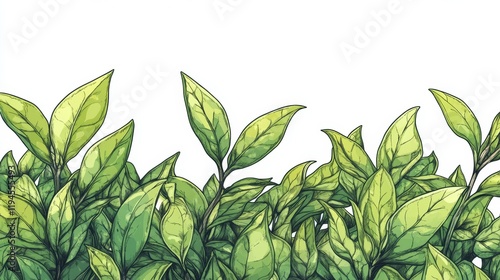 Close Up Illustration of Fresh Green Tea Leaves on White Background