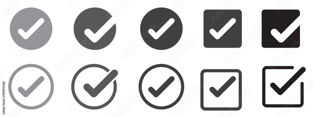 Checkmark in circle icon set. Checkmark tick icon set. Line and glyph check mark Checkmark in circle icon set. Checkmark tick icon set. Line and glyph check mark