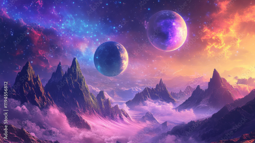 Alien planet cartoon banner with futuristic landscape, space background with glowing and flying rocks, moons in purple starry sky. Scientific discovery, fantasy computer game scene Vector illustration Alien planet cartoon banner with futuristic landscape, space background with glowing and flying rocks, moons in purple starry sky. Scientific discovery, fantasy computer game scene Vector illustration