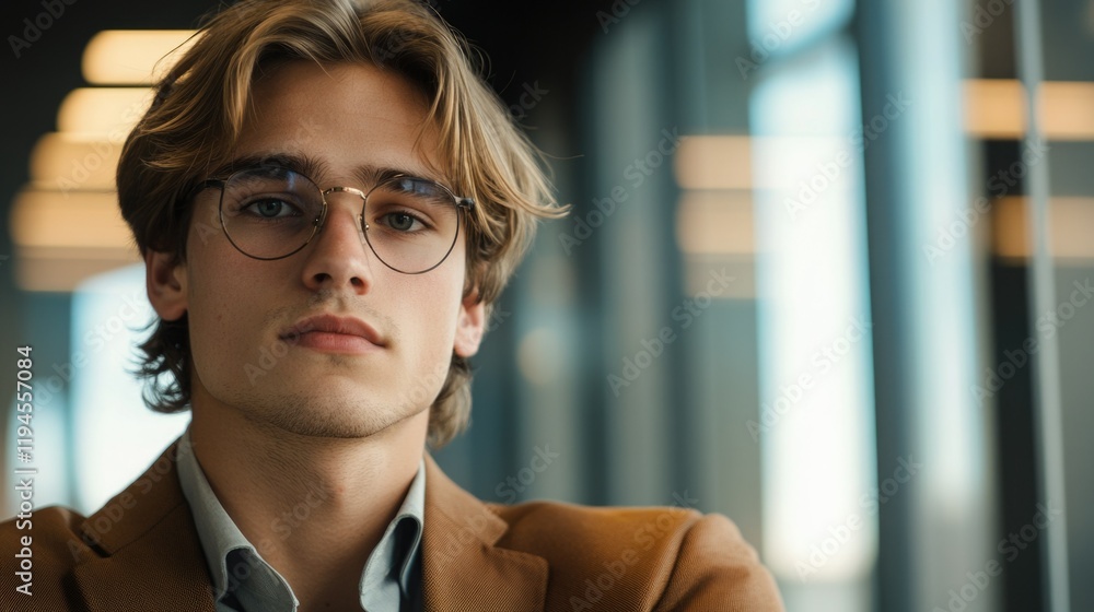 Elegant Man with Glasses in Office Environment Elegant Man with Glasses in Office Environment