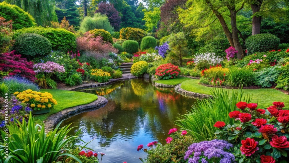 Fototapeta premium A tranquil garden oasis with vibrant flowers and lush greenery stretching towards the sky, creating a sense of peacefulness and serenity , tranquility, botanical garden