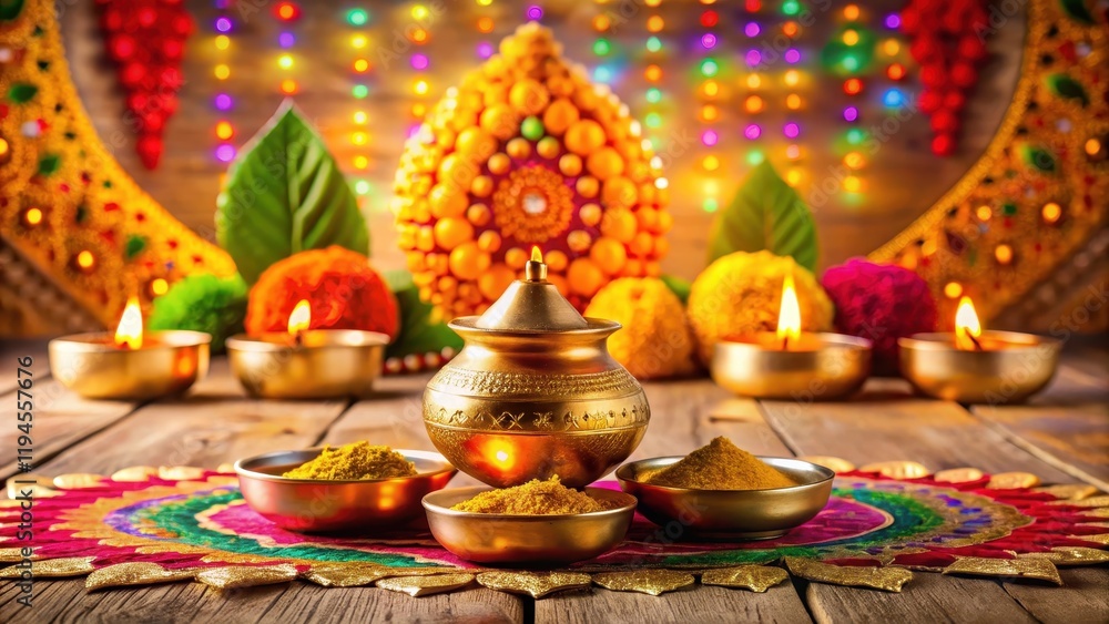 Fototapeta premium Golden Kalash with Diya on a wooden altar surrounded by diyas of different sizes and colorful rangoli designs