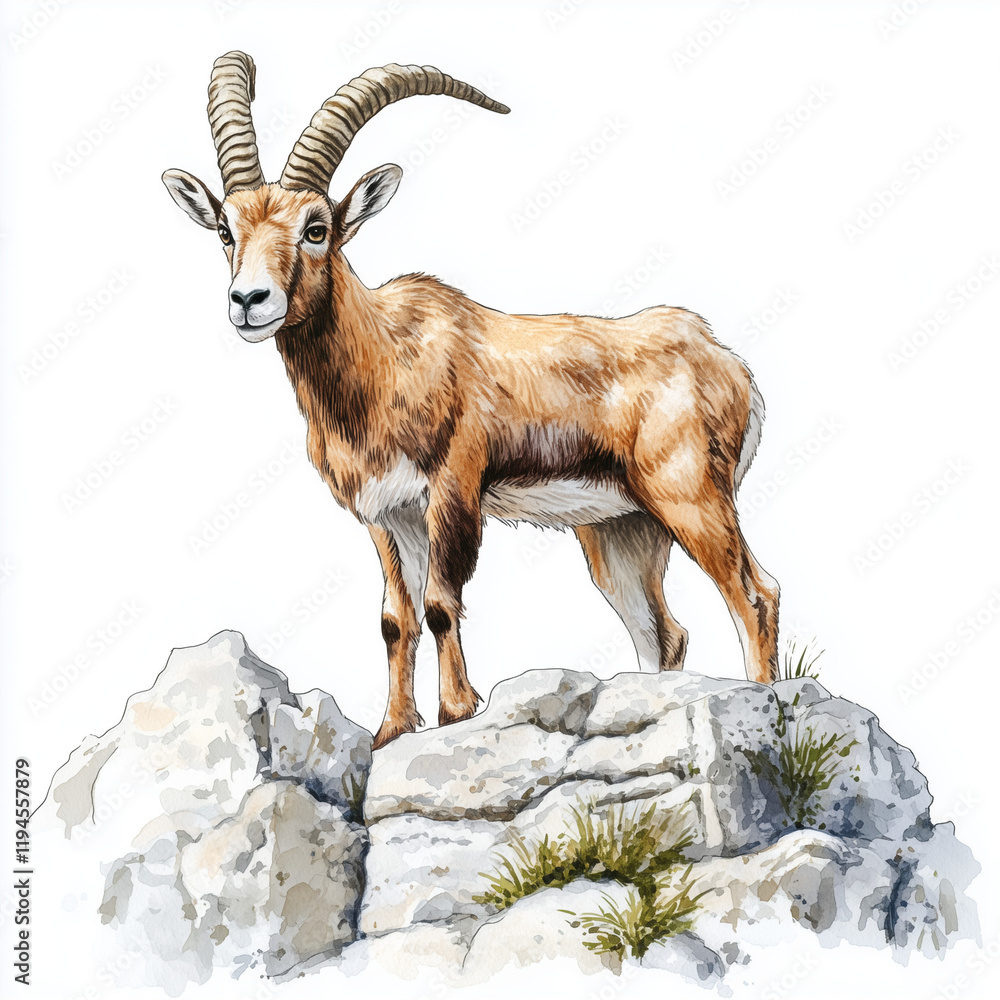 Illustration of the Alpine Ibex standing on the rock, soft watercolor tones, white background, detailed illustration, cartoonish. Illustration of the Alpine Ibex standing on the rock, soft watercolor tones, white background, detailed illustration, cartoonish.