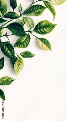 Vibrant Botanical Illustration of Matcha Tea Leaves on White Background