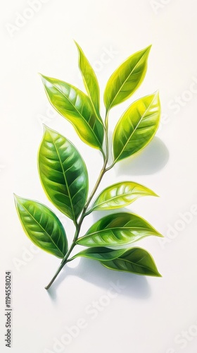 Vibrant Botanical Illustration of Matcha Tea Leaves on White Background
