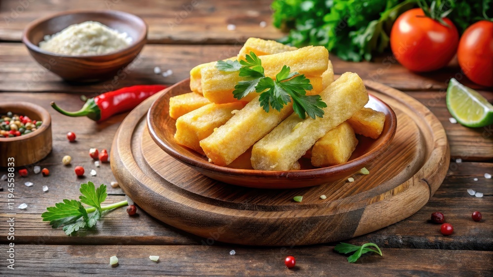 Crunchy yuca frita on a wooden plate with herbs and spices, served as a side dish in a traditional Latin American kitchen, cooking tradition, cultural heritage Crunchy yuca frita on a wooden plate with herbs and spices, served as a side dish in a traditional Latin American kitchen, cooking tradition, cultural heritage