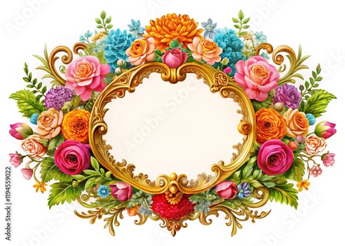 Wallpaper Mural Vintage Wedding Crest Frame, Aesthetic Floral Design, Bright Colorful Frame, Elegant Decorative Border Torontodigital.ca