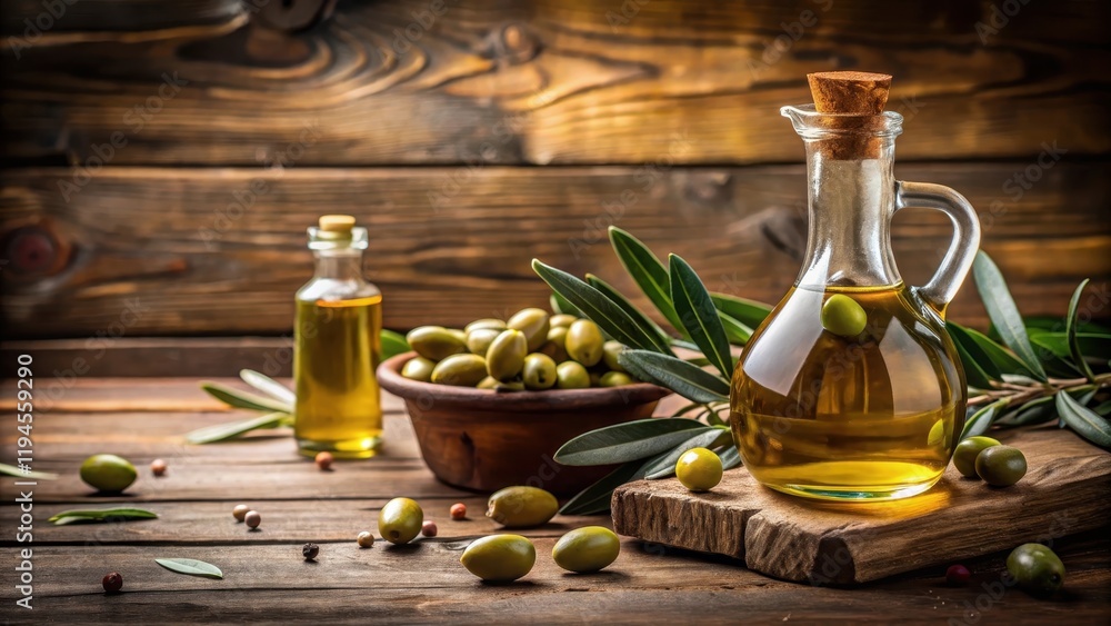 A bottle of olive oil with a rustic wooden table and a jar of olives , rustic, natural, rustic, natural, green, cooking A bottle of olive oil with a rustic wooden table and a jar of olives , rustic, natural, rustic, natural, green, cooking