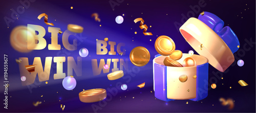 Big win banner with gift box and money on dark blue background. Vector realistic illustration of open round box with ribbon bow, golden coins, confetti and streamer flying, banner with burst effect