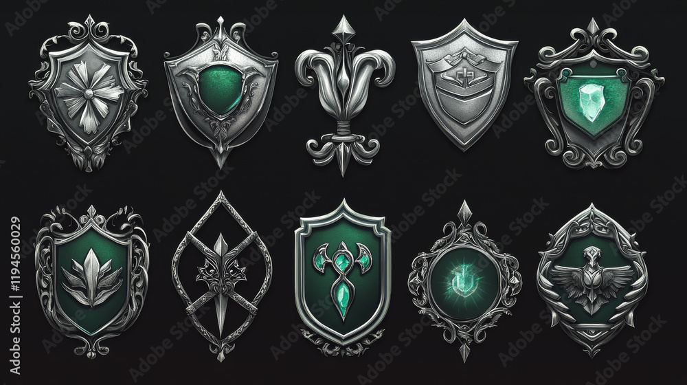 Fototapeta premium Silver award badges with fantasy frames and green decorative elements.Vector cartoon icons set of game labels different shapes, metal emblems with borders in medieval style