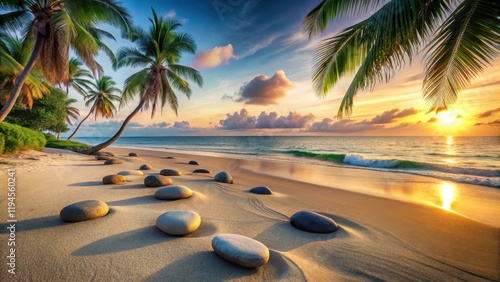 Fototapeta Naklejka Na Ścianę i Meble -  Tranquil Zen stones scattered on the shore of a serene sandy beach at dawn, surrounded by tall palm trees and gentle ocean breeze, calm atmosphere, serene landscape